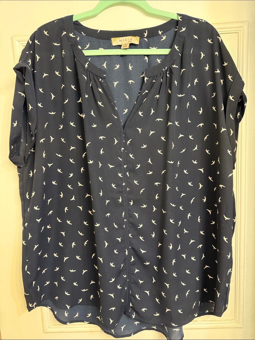 Misia Navy and White Bird-Print Short Sleeve Blouse